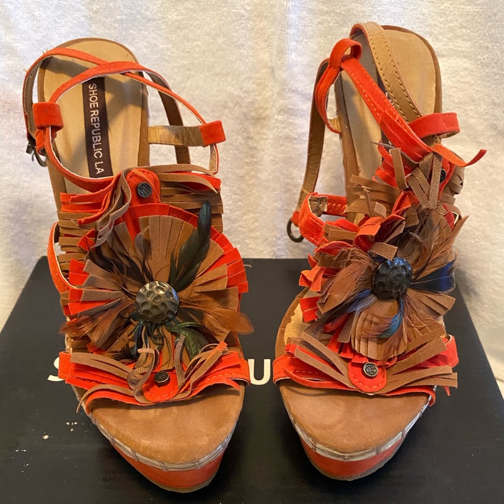 Orange and Brown Scrappy Heel With Suede Flower